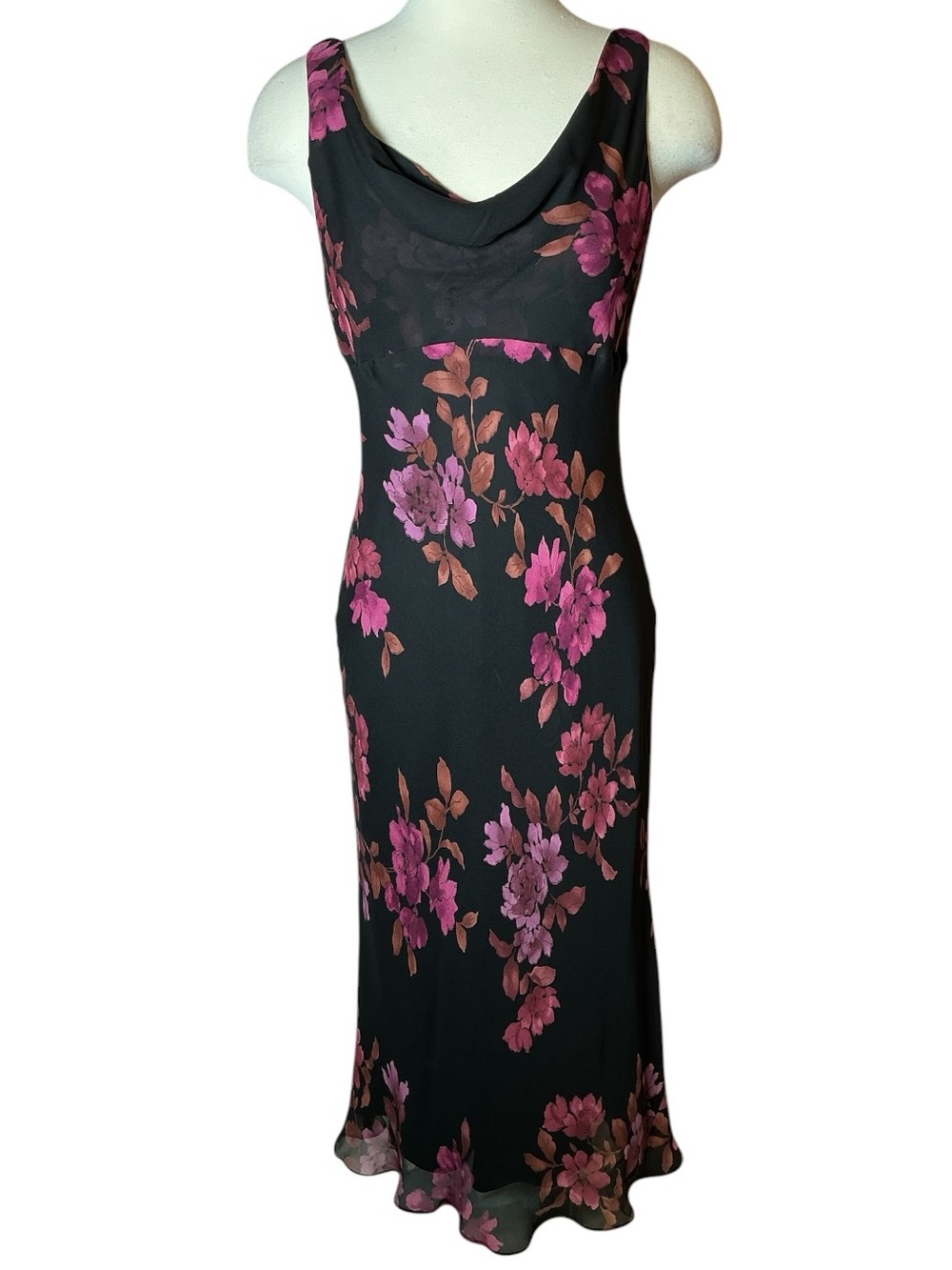 Vintage Y2K Jones New York Silk Floral Print Cowl Neck Midi Dress